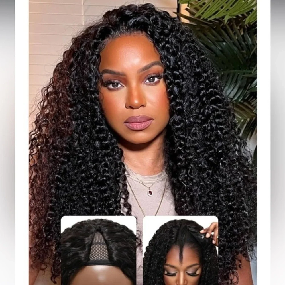 22” Nat Black Jerry Curly V Part Human Hair Wig‎ 150% Density glueless It#LG3